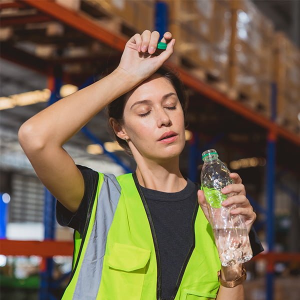 worker drinking water in hot warehouse